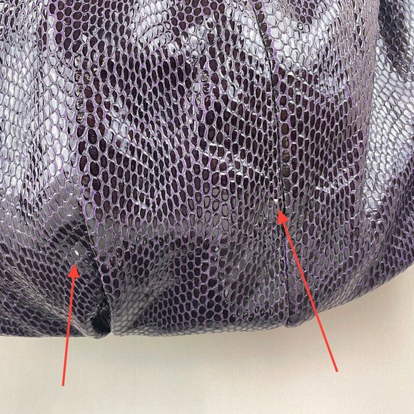 BRIGHTON Plum Patent Snakeskin Hobo Leather Pleated Purse Flower Charm Bag - Picture 4 of 9